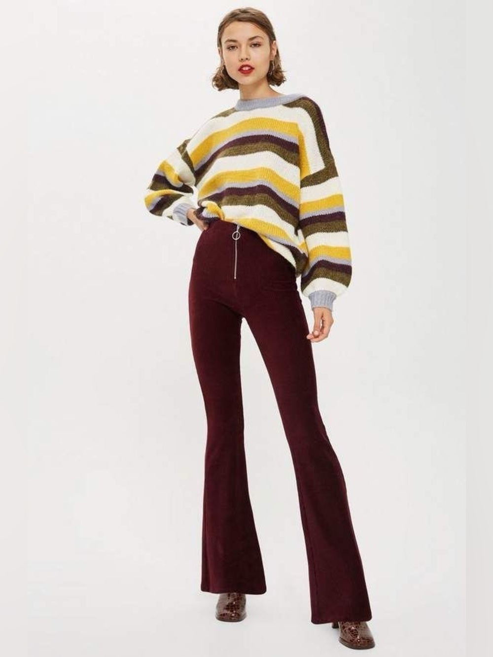 NWT Topshop Burgundy Corduroy Ribbed Flare High Rise Pant